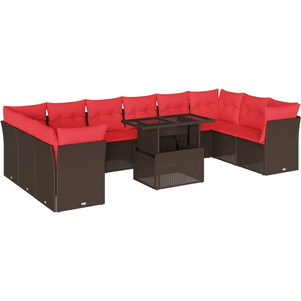 vidaXL 11-delige tuinbankset met kussens, bruin polyrotan