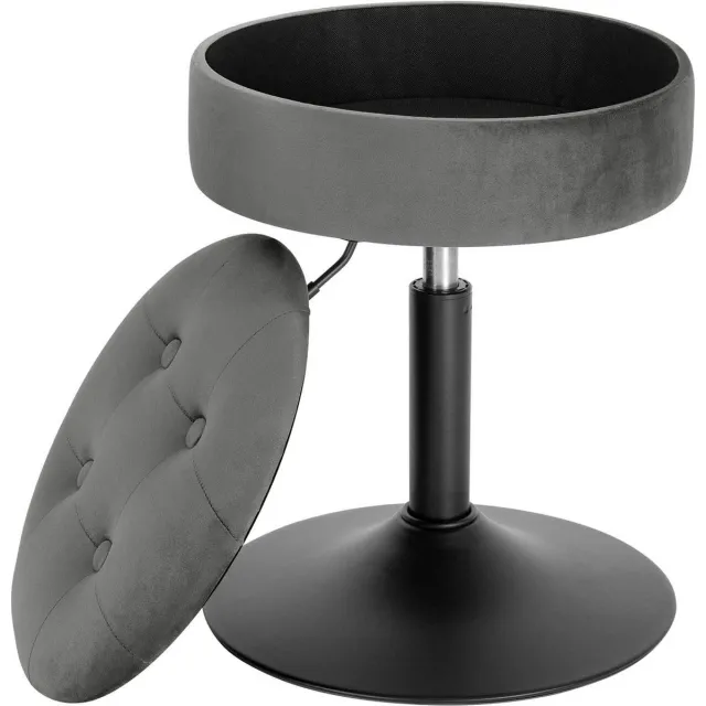 Happyment Mini Barkruk - Grijs - Set van 1 - Kleine ronde kruk - Met opbergruimte - Keuken - Barstoel - Velvet - Verstelbaar in hoogte - Zithoogte 49-65cm