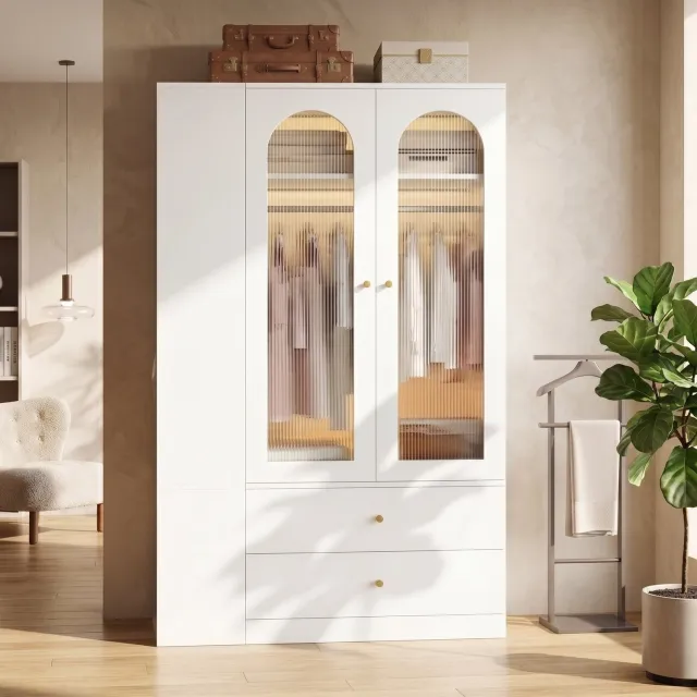 Wishdor Kledingkast met 4 laden en 2 geribbelde glazen deuren - Kledingroedes en legvakken - Zijkast links of rechts - Modern - Slaapkamer kinderkamer kantoor - MDF staal glas - Wit - 120 x 50 x 200 cm