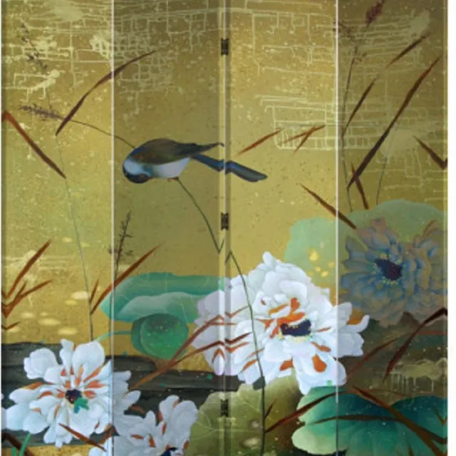 Fine Asianliving Chinees Kamerscherm Oosters Scheidingswand B160xH180cm 4 Panelen Zwaluwen en Bloemen Geel, Multicolour