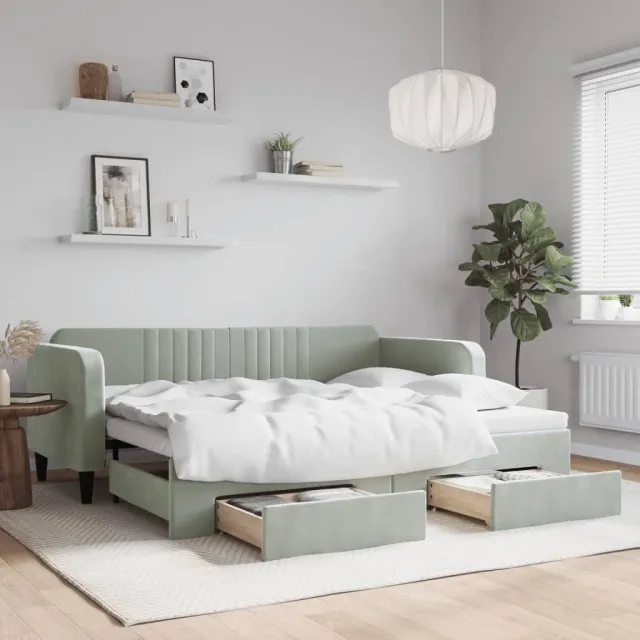 vidaXL Slaapbank onderschuifbed en lades 90x200 cm fluweel lichtgrijs