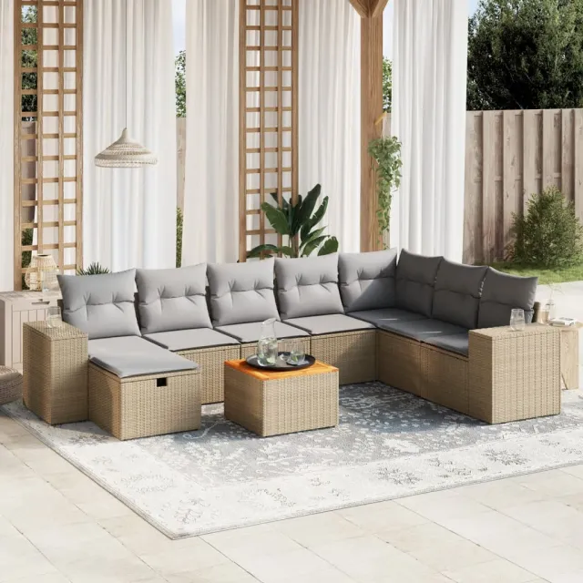 vidaXL 9-delige Loungeset met kussens poly rattan gemengd beige, foto 2