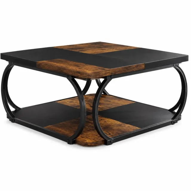Velmio Salontafel - Woonkamer Bijzettafel - 100 × 100 × 50 cm - Salontafel Vierkant - Moderne Salontafel - Vintage Look - Bruin/Zwart