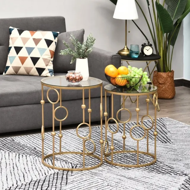 STILVORA Bijzettafelset - Tweedelig Rond Met Glasplaat - In Elkaar Schuifbaar Voor Woonkamer en Slaapkamer - Metaal - 41 x 41 x 57 cm - Goud Gold