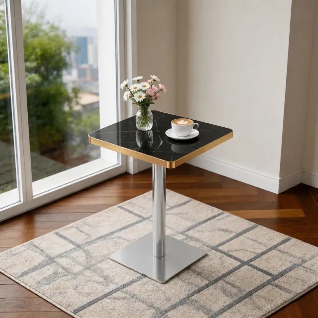 DESMIU Eettafel Vierkant Design Met Marmorlook En Gouden Rand Voor Woonkamer, Keuken En Horeca MDF En Metaal 60x60x74 Cm Zwart