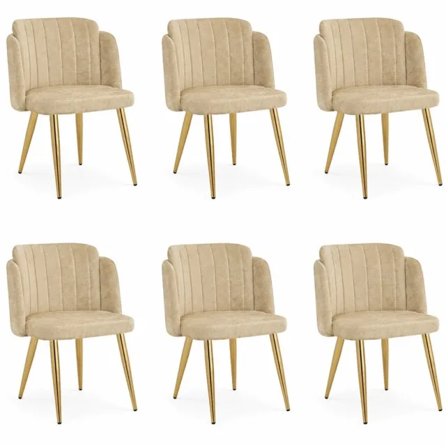 KOMHTOM 6 stuks moderne eetkamerstoelen, gestoffeerde stoelen met gebogen rugleuning en in hoogte verstelbare poten, goudkleurig frame, draagvermogen tot 125 kg, voor eetkamer, keuken (bruin)-Zonder tafel
