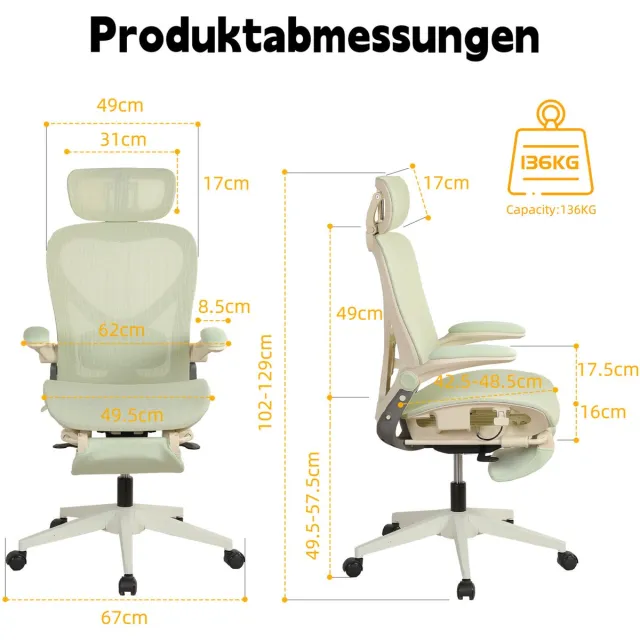 FloraGrace Bureaustoel 62 Cm - Ergonomisch Met 3D Hoofdsteun En Lendensteun - Inklapbare Armleuningen - Voor Werk En Studie - Mesh - Groen