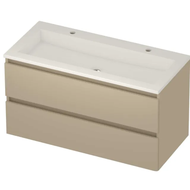 Basic-Line Aura 46 Badmeubelset Acryl 2 Kraangaten Greeploos 100x46x54 cm Mat Beige Glans Wit