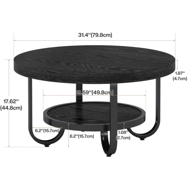 OKWISH Salontafel - Rond 2-Laags Design Met Onderblad - Voor Woonkamer En Kantoor - MDF En Metaal Zwart - 79 cm
