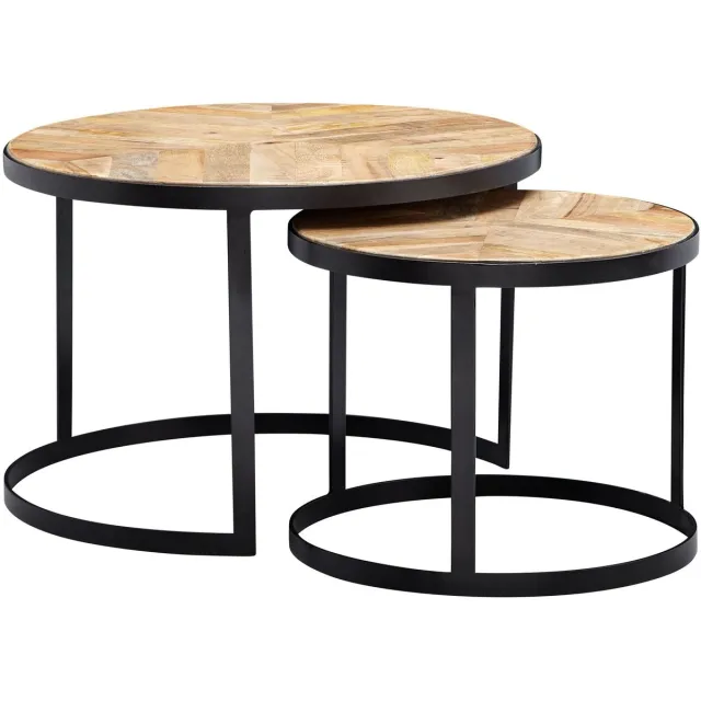 Industrieel In Huis Salontafelset Rond set van 2 - Mangohout Hout - Bijzettafels - Salontafel Rond - Bijzettafeltjes Woonkamer - Salon Tafel Mangohout Rond - Salontafel industrieel Landelijk - Tafeltje Set 2 stuks (Ø60 cm & Ø44cm) Bruin, Zwart