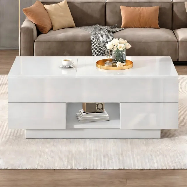 MODFU Salontafel - In Hoogte Verstelbaar Met Opklapbaar Blad En 2 Laden - Modern - Voor Woonkamer - Spaanplaat - Wit - 100 X 45 X 43 Cm