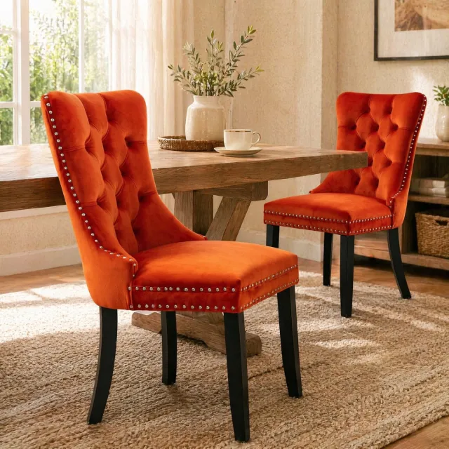 MEUNIQ oranje eetkamerstoelen set van 2 met hoge rugleuning, gecapitonneerde velvet zitting, houten frame en siernagels voor eetkamer Orange