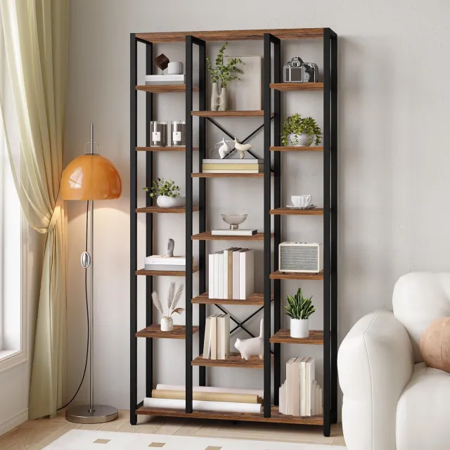 Famanu Boekenplank met 7 niveaus en 18 open planken, verstelbare opbergkast voor woonkamer en thuiskantoor, 30 x 100 x 200 cm, rustiek bruin en zwart