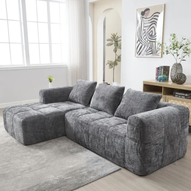 DESMIU Hoekbank 250 x 158 cm - 3-Zits Met Chaise Longue En Zijvak - Voor Woonkamer En Studio - Chenille - Grijs