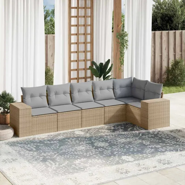 vidaXL 6-delige Loungeset met kussens poly rattan beige, foto 2