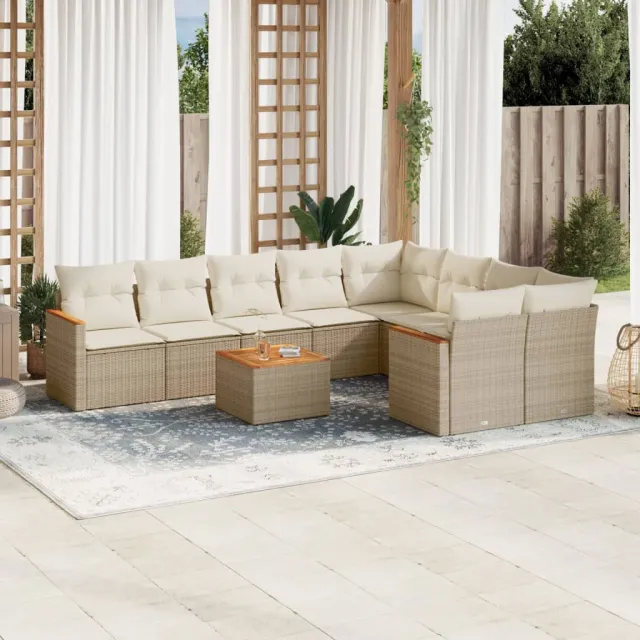 vidaXL 10-delige Loungeset met kussens poly rattan beige, foto 2