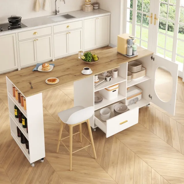 COVREO Rollbaar keukeneiland met lade – 120-180x60x90 cm – Bartafel met draaibaar blad – Opbergtafel voor keuken – Naturel/Wit Natuurlijk