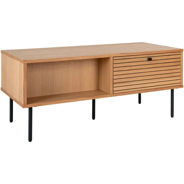 QUVIO Salontafel Tallinn - Eikenfineer - Zwarte metalen poten - 2 lades Bruin