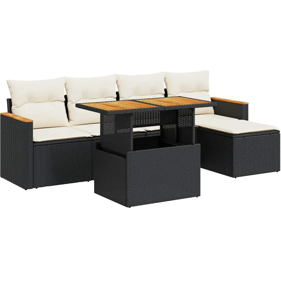 vidaXL 6-delige Loungeset met kussens poly rattan acacia zwart, foto 3