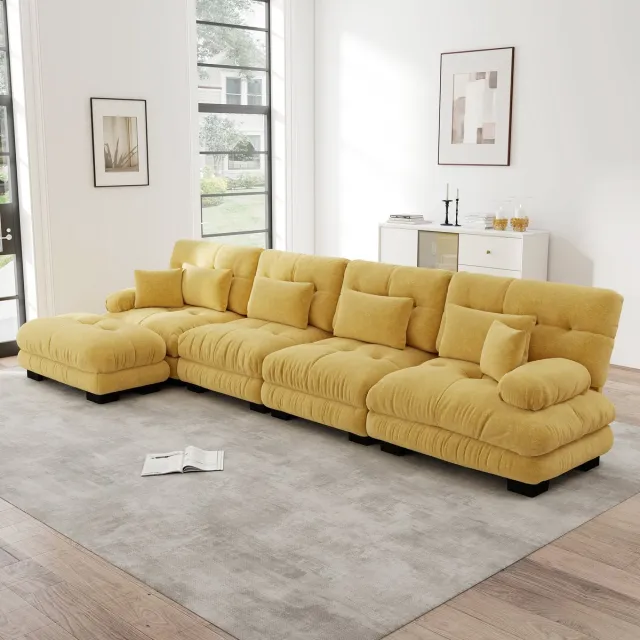 MIVRAY Hoekbank 4-Zits - Modulaire L-Vorm Met Verplaatsbare Ottomaan - Voor Woonkamer En Appartement - Chenille Geel
