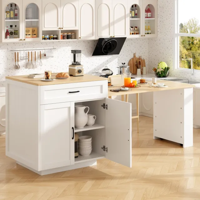 MEUNIQ Uitschuifbare bartafel 133-202 x 70 x 93,5 cm met lade, vakken, zijrek en vergrendelbare wielen, keukeneiland met opbergruimte voor keuken en eethoek, wit