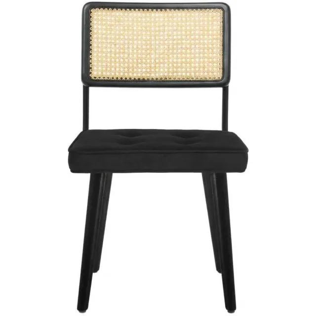 HOERFURIY Luxe Eetkamerstoel - Natuurlijk Rotan & Massief Hout - Velvet Zitting (Zwart) - Modern Boho Design