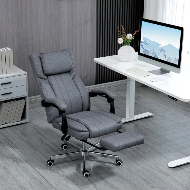 OKWISH Bureaustoel 65 x 61 x 105-113 Cm - 6-Punts Vibratiemassage En 135 Graden Kantelbaar - Voor Kantoor Of Thuiswerkplek - Polyester In Linnenlook - Grijs