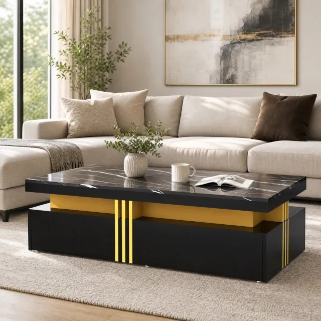 MEUNIQ Salontafel 100 x 50 x 40 cm met 2 lades, hoogglans marmerlook blad en goudkleurige metalen accenten, zwart voor woonkamer