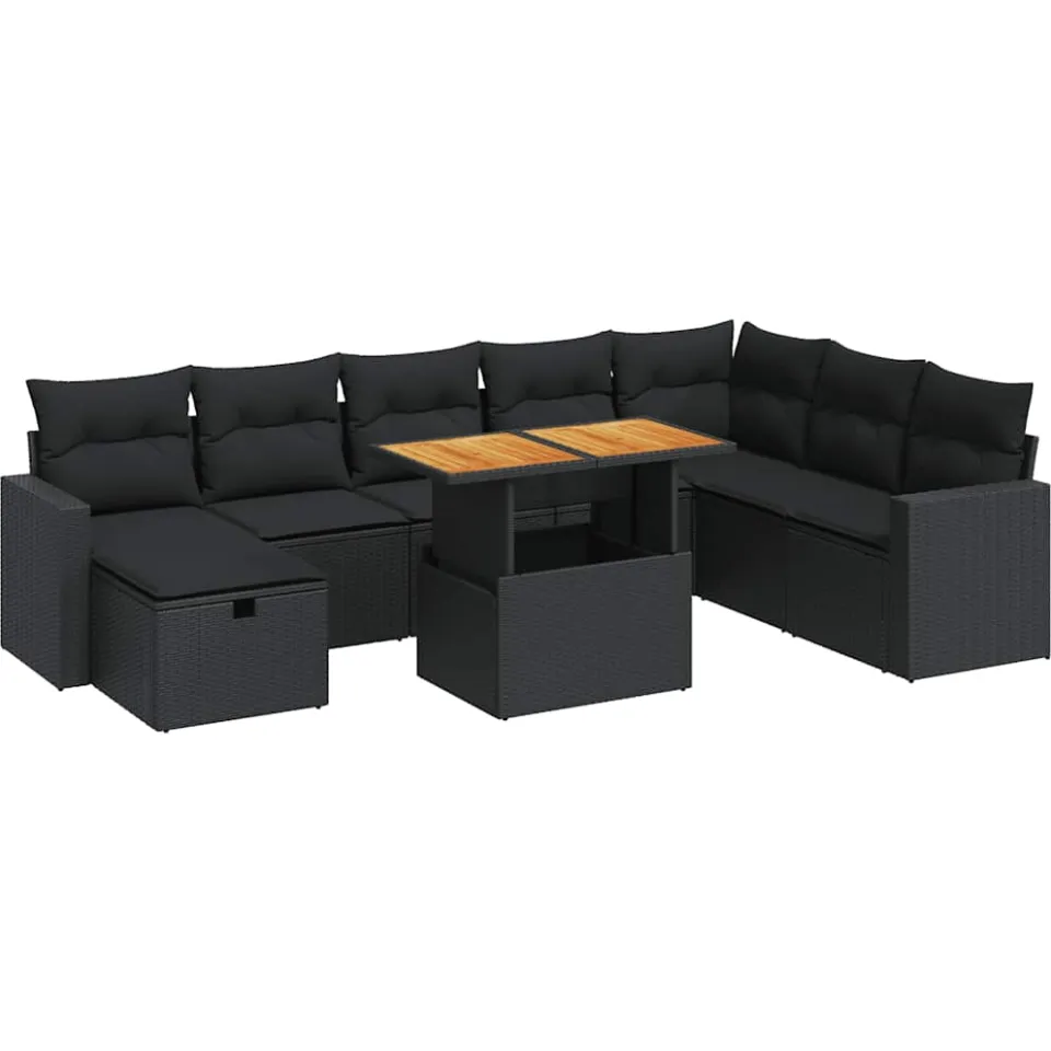 vidaXL 9-delige Loungeset met kussens poly rattan acacia zwart, foto 3