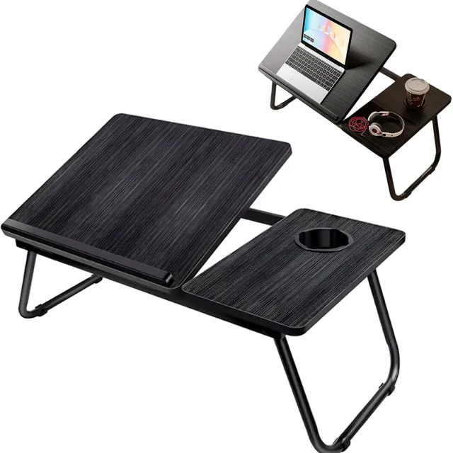 Ruijingsky Nachtkastje - Laptopbureau - Opvouwbaar bureau - Draagbare ontbijttafel - Bureau voor studentenkamer - Ontbijttafel naast het bed - Met bekerhouder - In hoogte verstelbaar - Essentieel voor luie mensen - 55*32*25 - Zwart gestreept