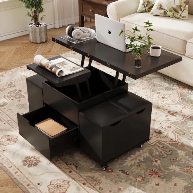 VOWNER 3-in-1 multifunctionele salontafel met lade en 4 krukjes zwarz