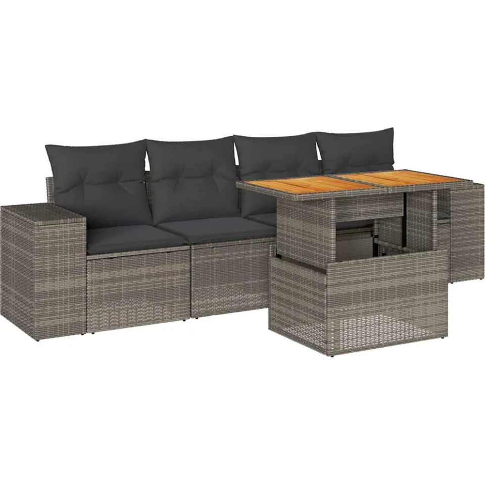 vidaXL 5-delige Loungeset met kussens poly rattan grijs, foto 3