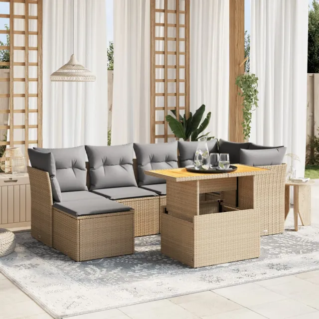 vidaXL 7-delige Loungeset met kussens poly rattan beige, foto 2