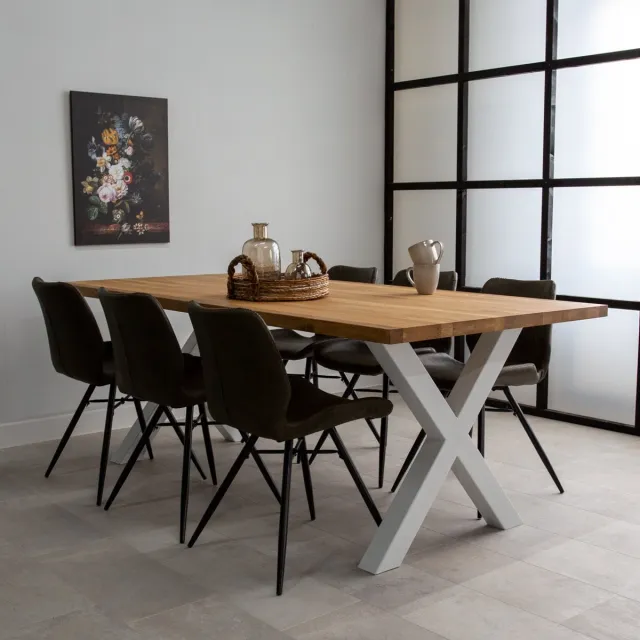 Dimehouse Eettafel Rover Eikenhout X-poot Wit 200 x 100 x 4 cm - Eikenhout - Industrieel - Rechthoek Bruin