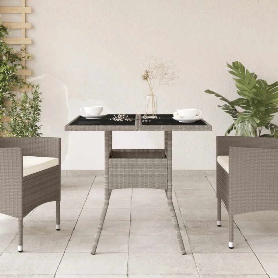 vidaXL Tuintafel met glazen blad 80x80x75 cm poly rattan lichtgrijs grijs, foto 3
