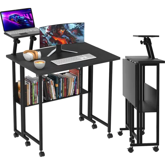 PIPIPOXER Opklapbaar bureau, computerbureau op wielen met opbergvak, opklapbare tafels voor thuiskantoor, slaapkamer, woonkamer, 58x80x75cm, Zwart