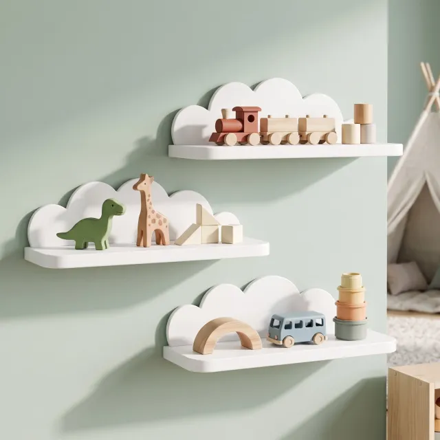 AIMASON Wandplanken kinderkamer in wolkvorm - set van 3 - Zwevende Planken - Opbergplank Wand -Boekenplanken voor de kinderkamer -40 x 11 x 10,5 cm per plank - witte zwevende wandrekken voor boeken en decoratie- babykamer-Wandplank voor woonkamer, slaapkamer