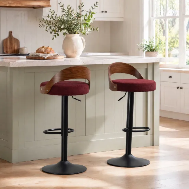 DESMIU Barkruk 42,5 x 42 x 77-98 cm - 360 Graden Draaibaar En Hoogte Verstelbaar - Voor Keuken, Bar En Café - Stof En Metaal - Wijnrood