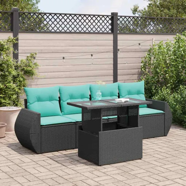 vidaXL 5-delige Loungeset met kussens poly rattan acacia zwart, foto 2