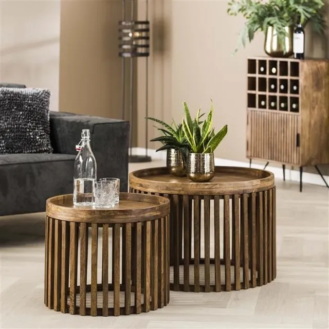Dimehouse Ronde Salontafel Set van 2 Tory Mangohout Ø65-Ø50 cm - 65 x 65 x 40 cm - Hout - Landelijk - Rond