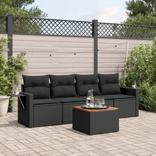 vidaXL 5-delige Loungeset met kussens poly rattan zwart, foto 2