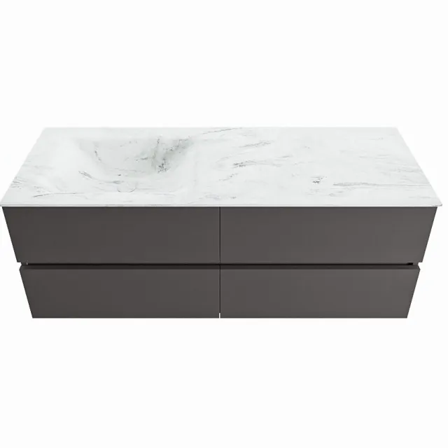 Mondiaz VICA-DLUX 130cm badmeubel onderkast Dark grey 4 lades. Inbouw wastafel CLOUD links 1 kraangat, kleur Opalo.