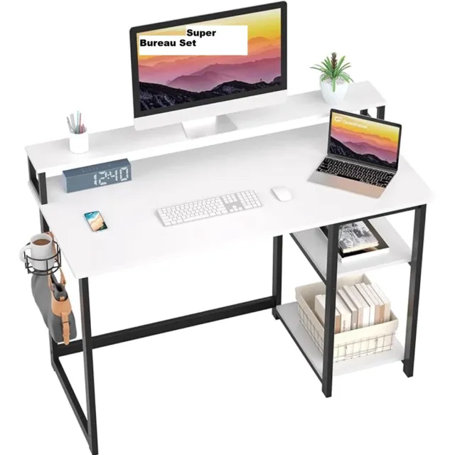 GreenForrest Desk with Monitor Stand, Height Adjustable, Computer Desk with Storage Bag, PC Table with Headphone Holder, Small Office Table for Home Office (100 x 50 x 74 cm, White)