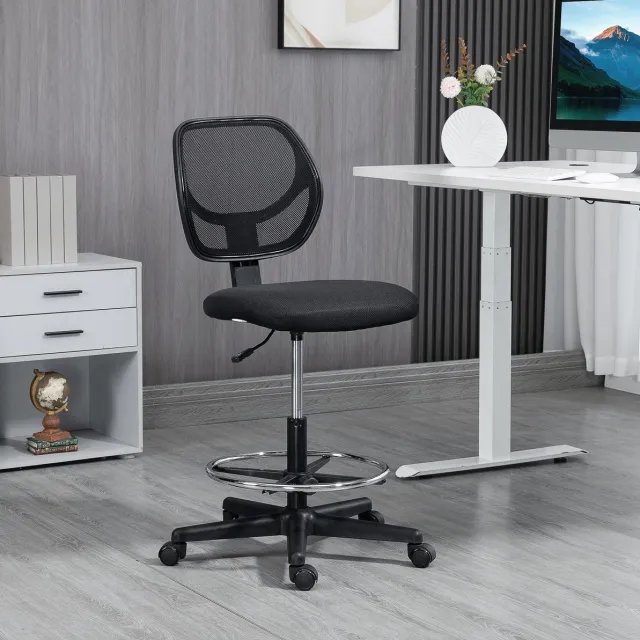 FloraGrace Bureaukruk – Verstelbare Zithoogte 50-70 Cm & Voetensteun – Draaibaar Met Wielen – Voor Sta Bureau Of Tekentafel – Mesh – Zwart