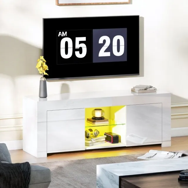 MODENUIT TV Meubel - LED Verlichting Met Glazen Legplank - Woonkamer - Spaanplaat En Glas - 120x34x45 Cm - Wit