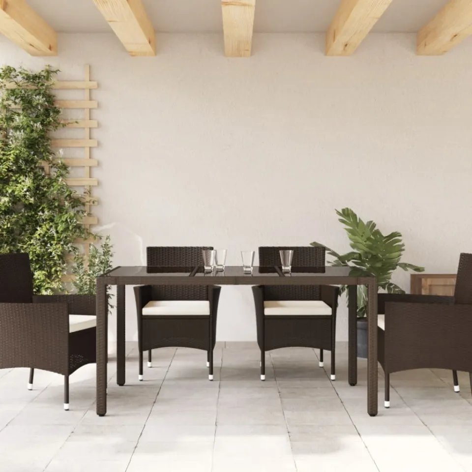 vidaXL Tuintafel met glazen blad 150x90x75 cm poly rattan bruin, foto 3