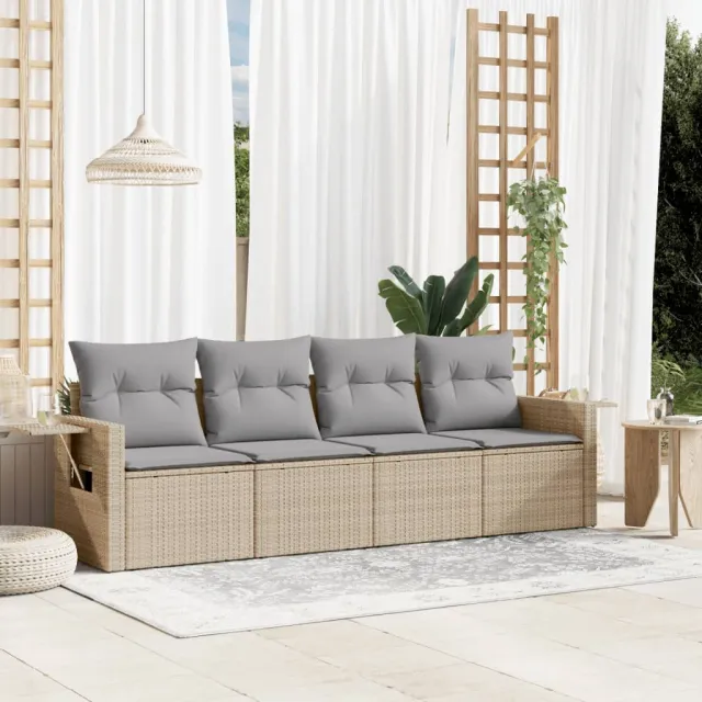 vidaXL 4-delige Loungeset met kussens poly rattan beige, foto 2