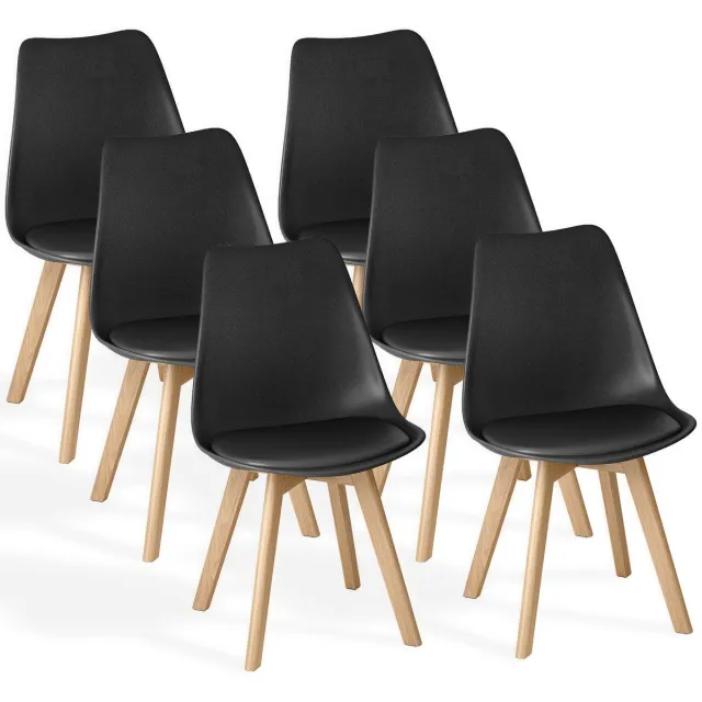 Xbro Eetkamerstoel Set van 6 - Kuipstoel met Houten Poten - Eettafelstoel - Keukenstoelen set 6 met Schuimzitting - Zwart