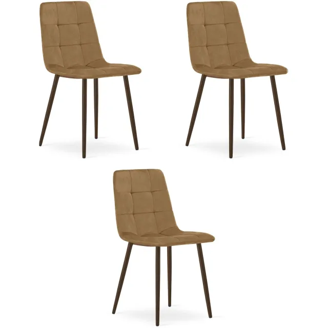 LEOBERT KARA Eetkamerstoelen – Set van 3 – Bruin Velvet – Walnootkleurige Houten Poten – Comfortabele Ergonomische Zitting – Modern Design – Velvet Stoel voor Woonkamer, Keuken en Eetkamer – Max. 110 kg per Stoel