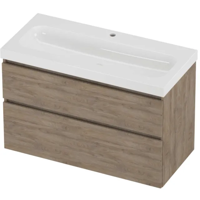Proline Haga Badmeubelset Polystone Mezza 1 Kraangat Asymmetrisch 100x46x66 cm Glans Wit Raw Oak Eiken